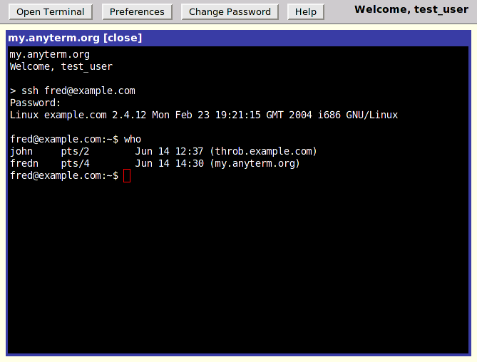 The desktop has buttons for   functions including preferences and changing your password.  The   terminal prompts for SSH commands.